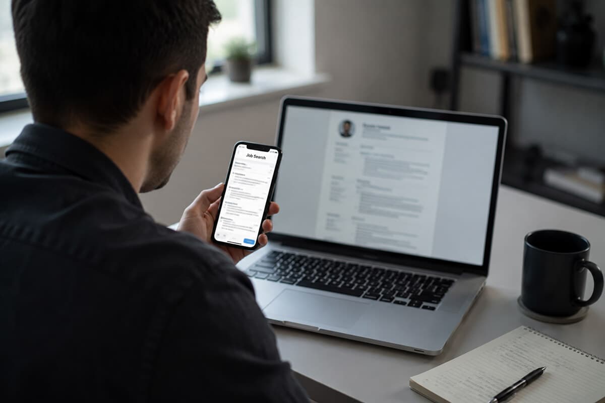 Odam noutbukda LinkedIn Jobs orqali AQShda ish qidirmoqda, yonida rezyume yotibdi