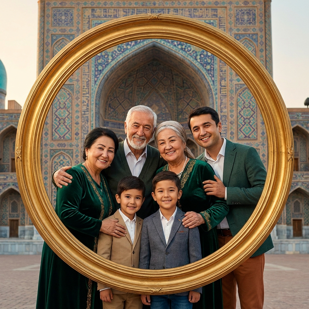 Uzbek diaspora family at the Registan, Samarkand